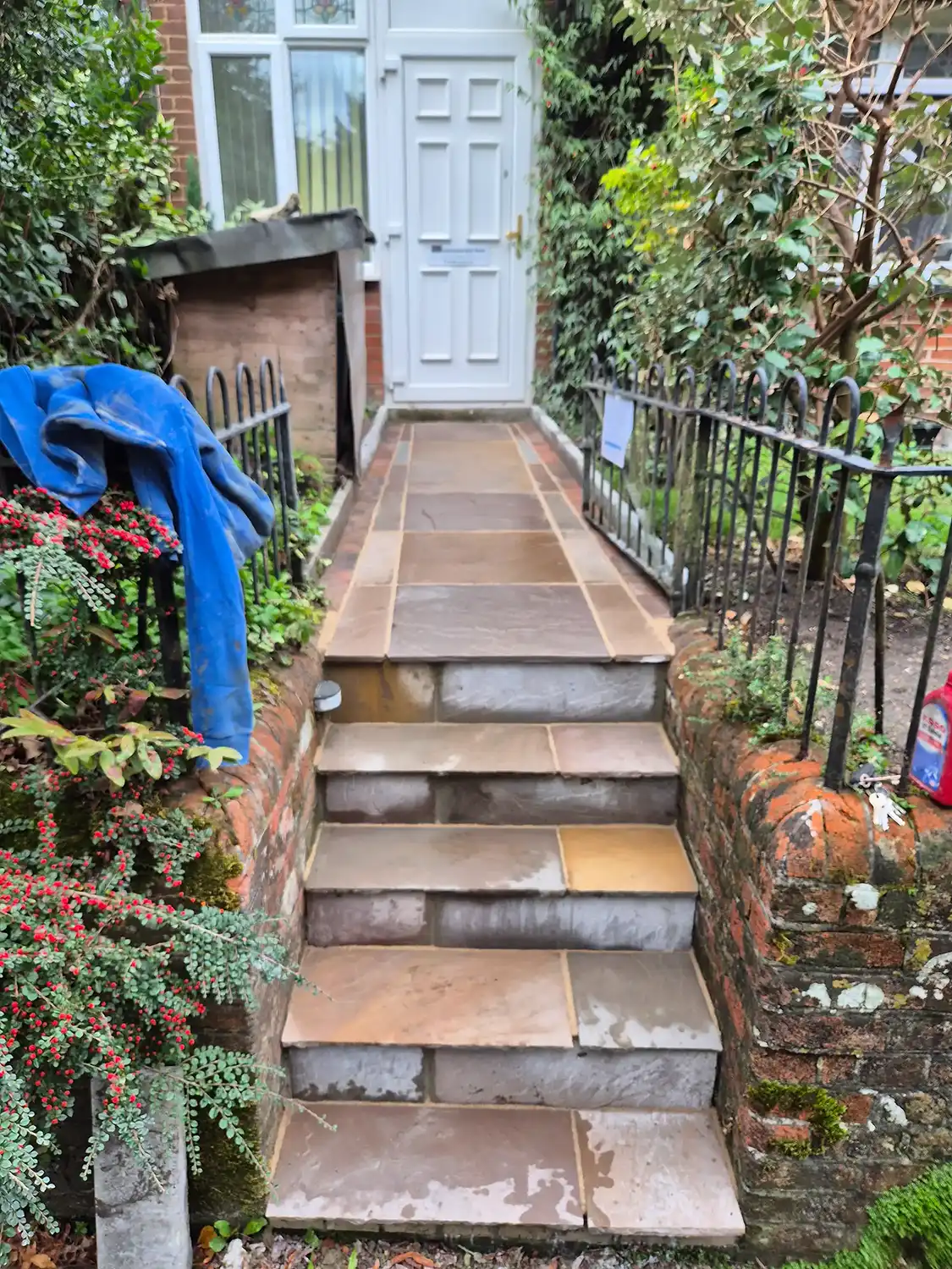 Stone steps leading to a white front door with black metal railings and greenery on both sides.